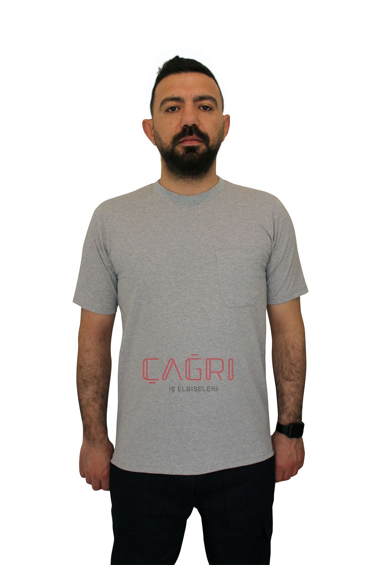 Gri Bisiklet Yaka Cepli Penye T-Shirt