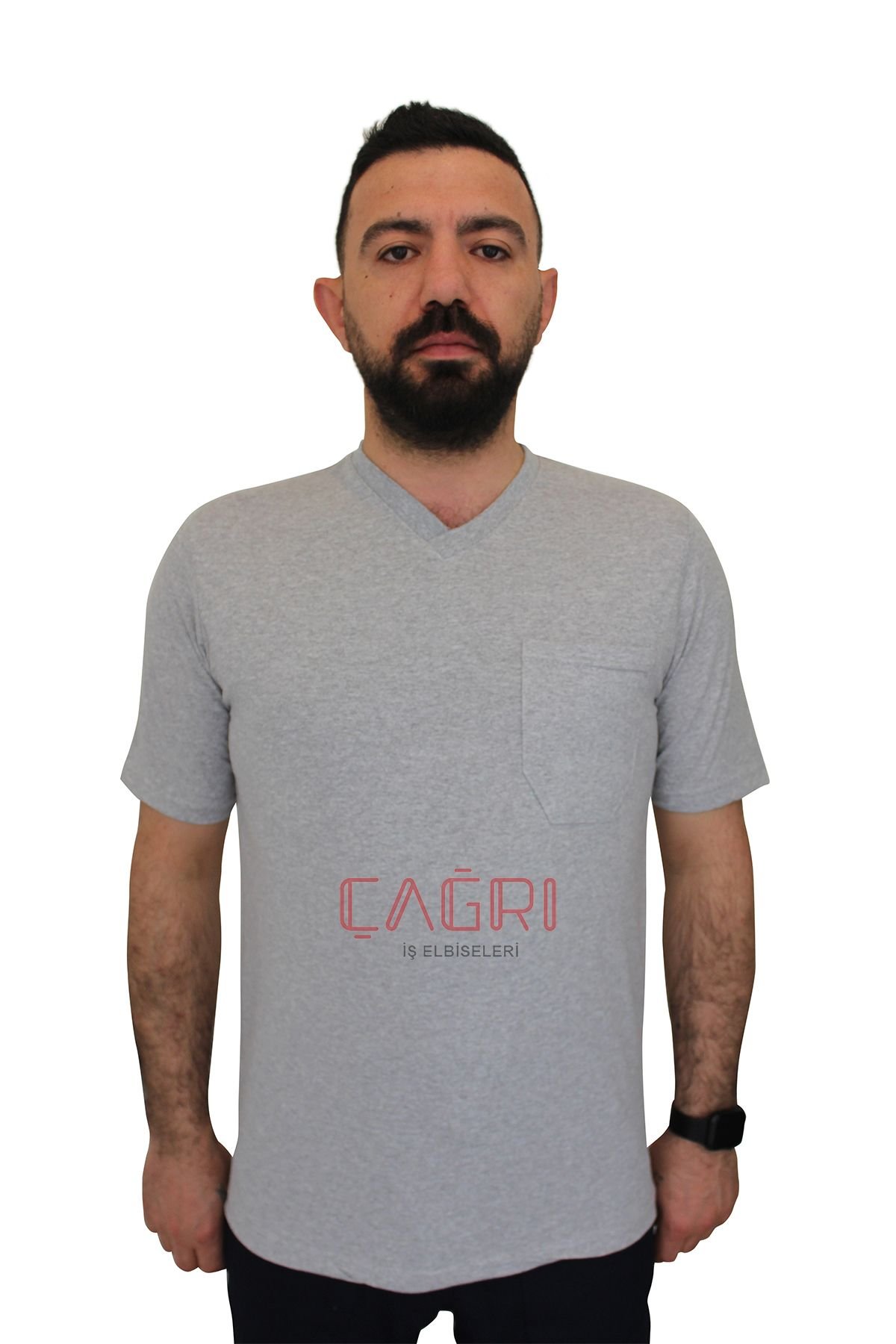 Gri V Yaka Penye Cepli  T-Shirt