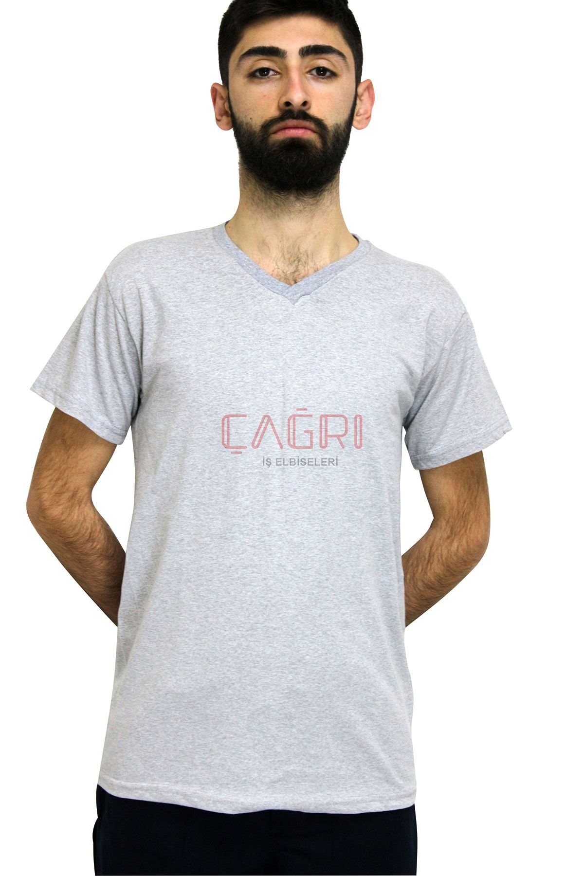 V Yaka T-shirt Gri Renk
