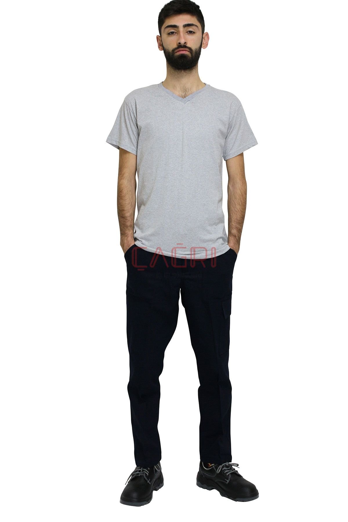 V Yaka T-shirt Gri Renk